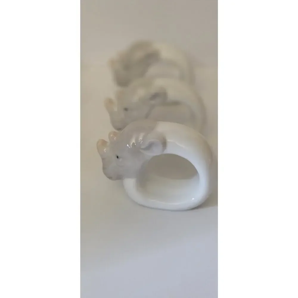 Set of 6 White Ceramic 3D Rhino Napkin Rings Holders, Animal Theme